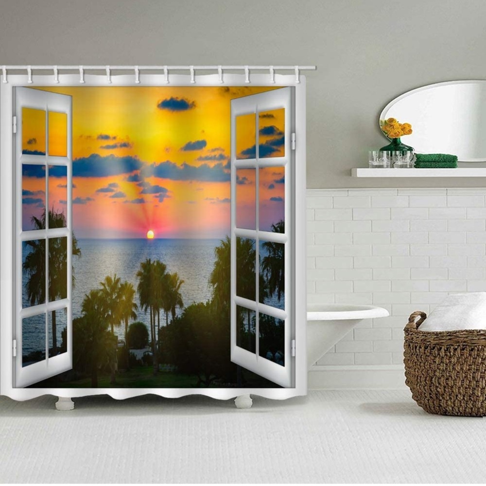 Sea Fabric Shower Curtain Window View Sunset Beach Coconut Palm Tree